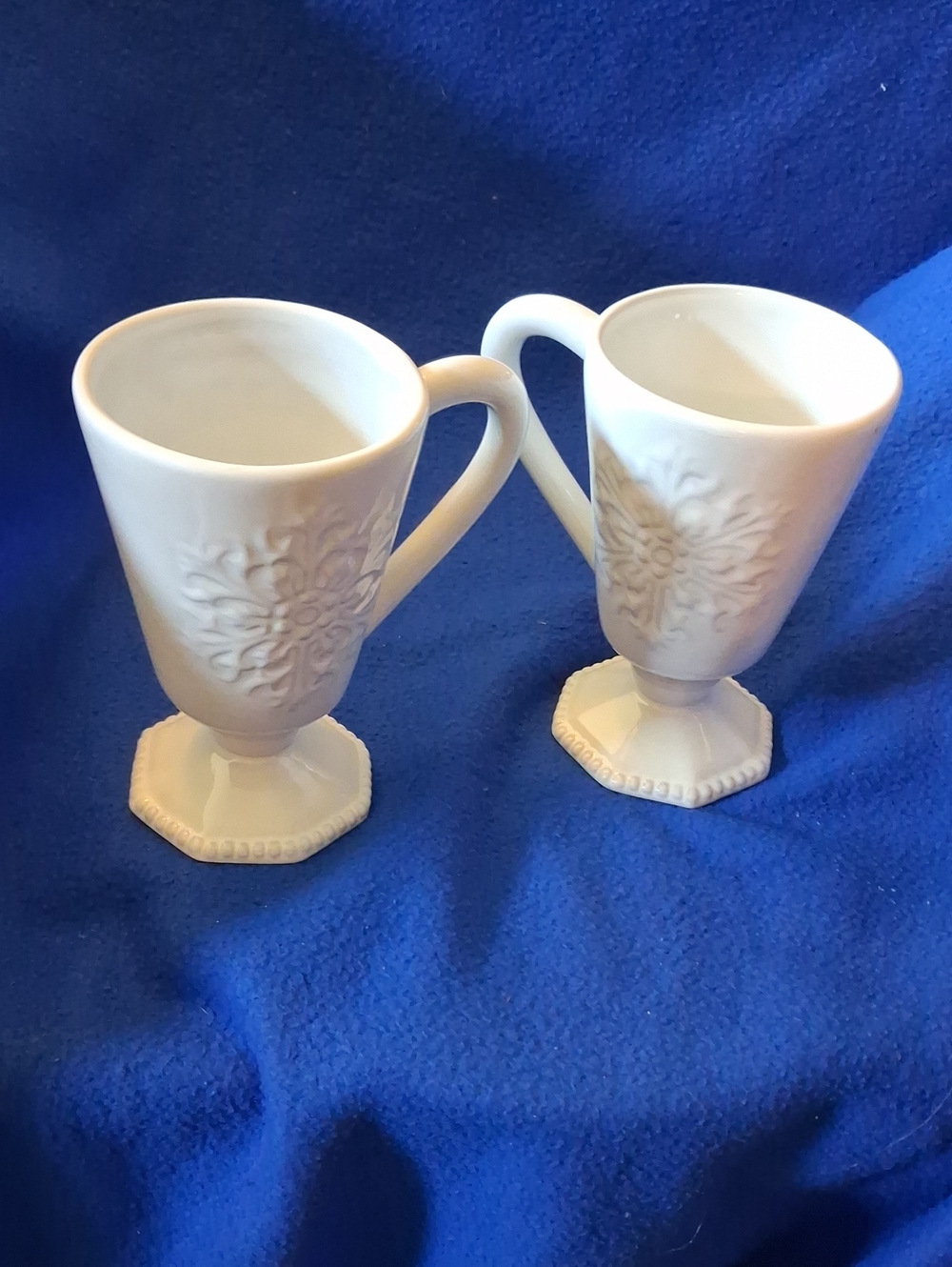 White Embossed Pedestal Ceramic Mugs - Set of 2